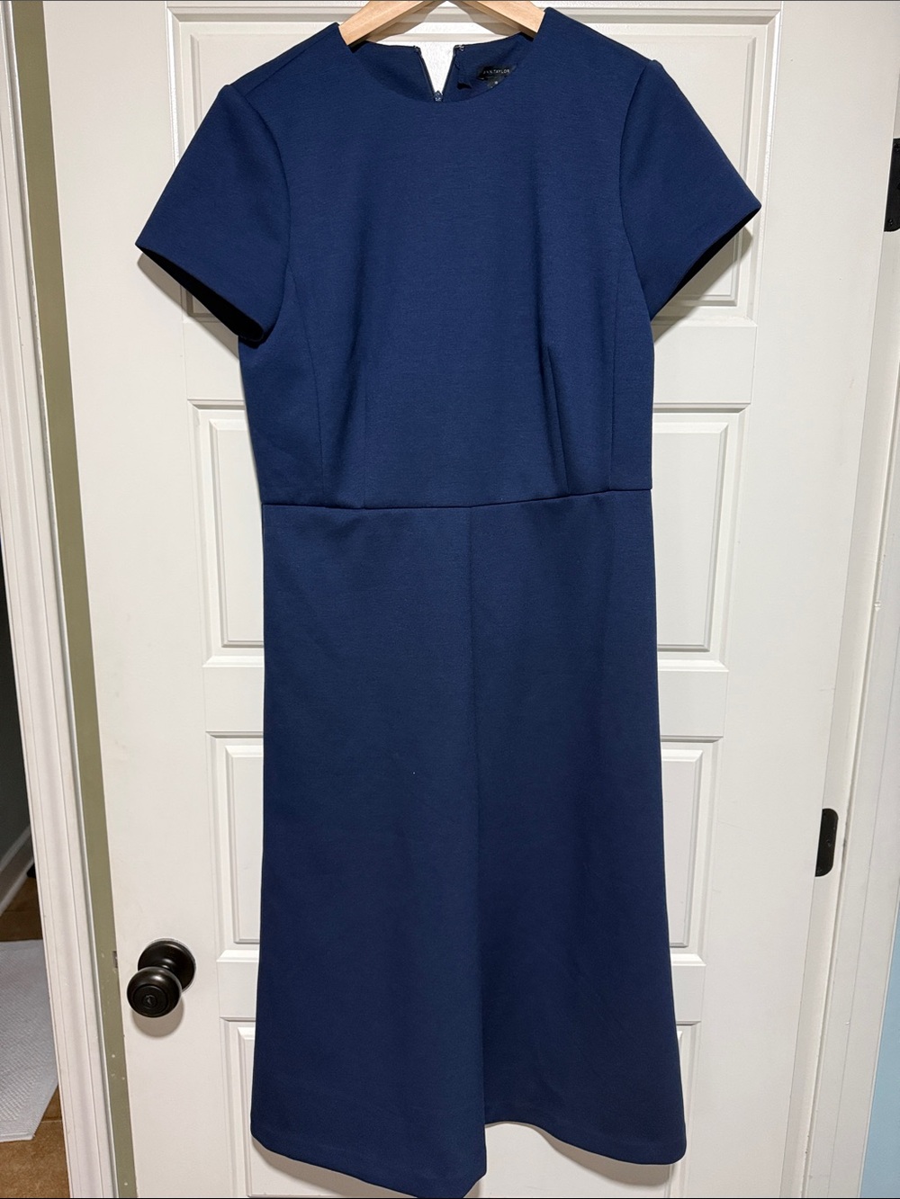 Ann Taylor Navy Short-Sleeve Midi flaire dress navy blue Fit-and-Flare Dress - Picture 2 of 10